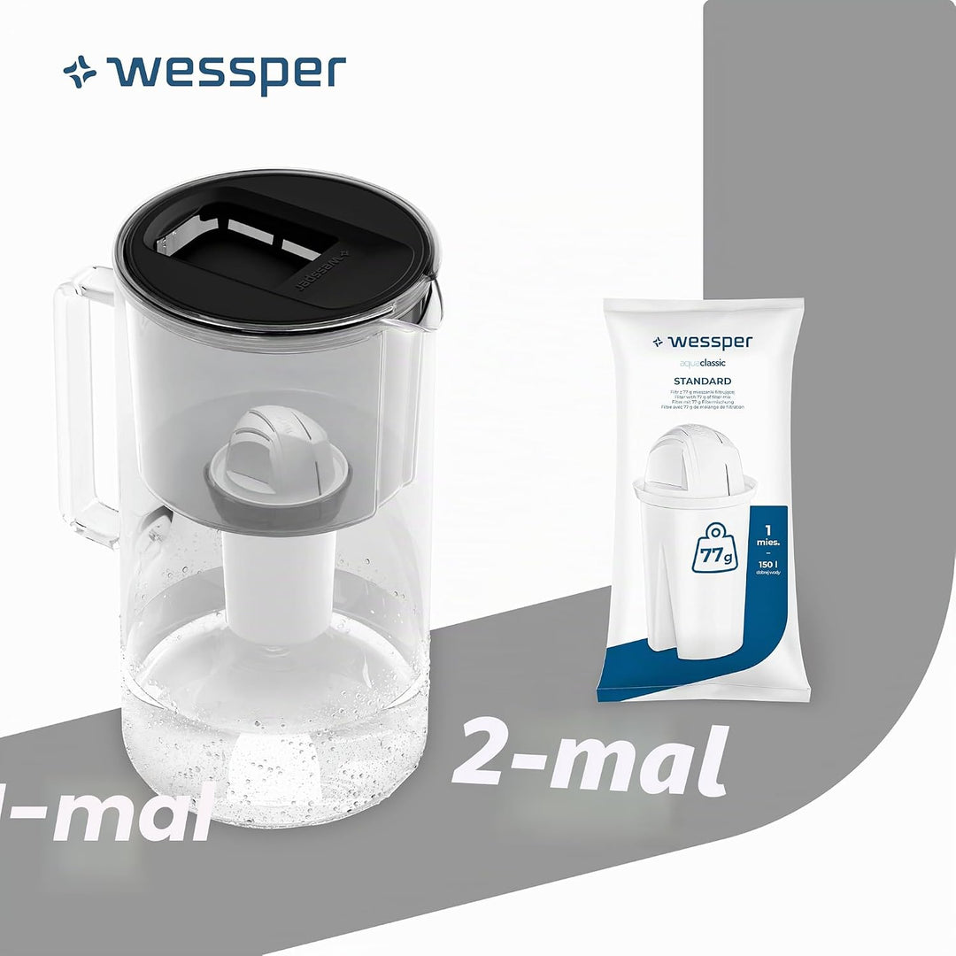 Wessper Wasserfilter Kanne Glas 2,5L Crystaline, Set Wasserkanne und 2 Filter AQUA CLASSIC, Wasserka