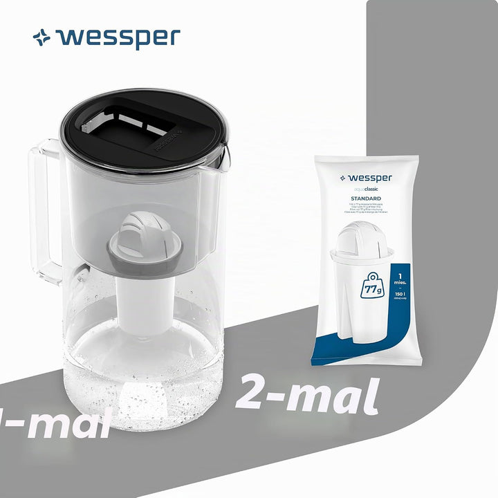 Wessper Wasserfilter Kanne Glas 2,5L Crystaline, Set Wasserkanne und 2 Filter AQUA CLASSIC, Wasserka
