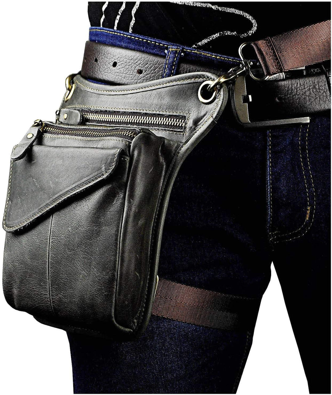 Le'aokuu Herren Echtes Leder Rucksäcke Beinbeutel Beintasche Hüfttasche Hip Bum Weist Pack Outdoor M