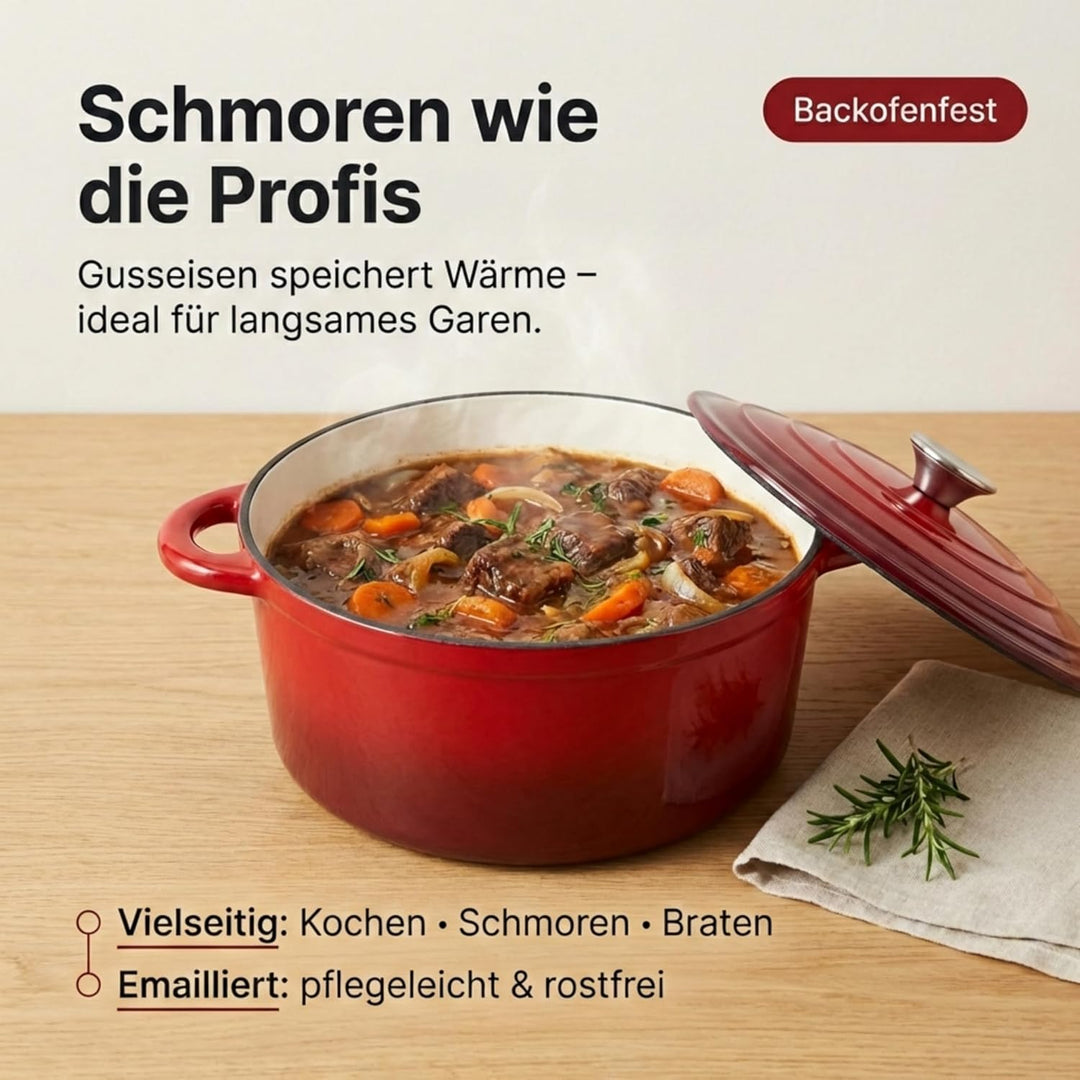 Homira Emaille Gusseisen Topf Bräter Schmortopf Ø 26 cm – Ideal für alle Herdarten, Rot