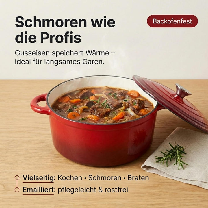 Homira Emaille Gusseisen Topf Bräter Schmortopf Ø 26 cm – Ideal für alle Herdarten, Rot