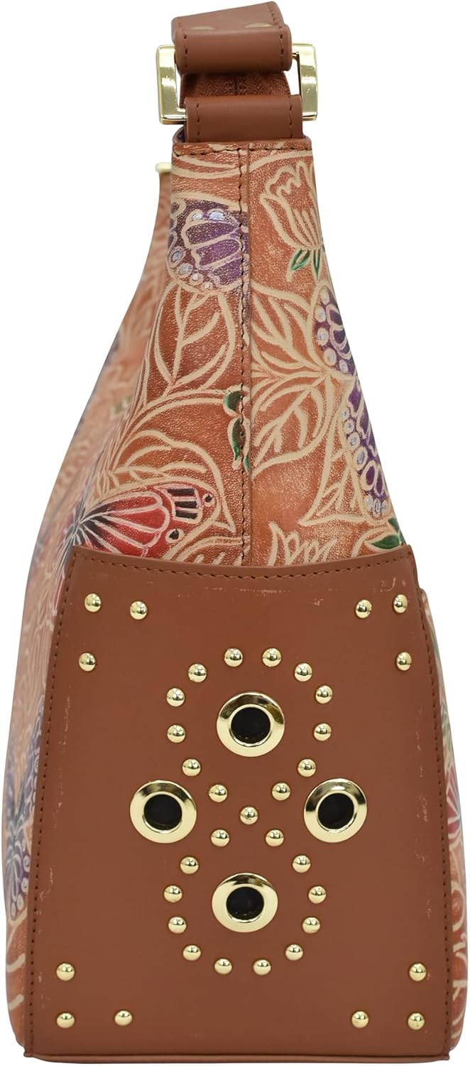 Anuschka Klassische Handbemalte Hobo Tasche aus echtem Leder mit beschlagenen Seitenfächern Tooled B