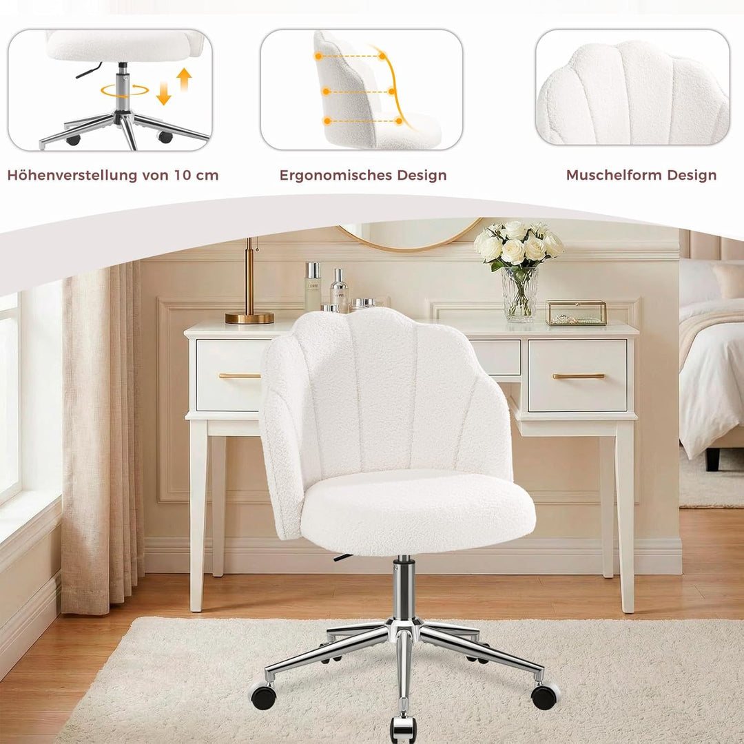 Schminktisch Stuhl mit Rollen, Drehstuhl für Mädchen, Muschelstuhl für Schlafzimmer und Home Office，