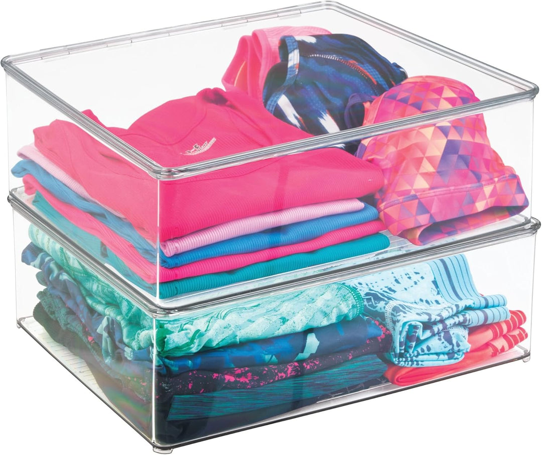 mDesign 2er-Set Wäschebox – 12,7 cm hohe Kleiderkiste mit Deckel für den Kleiderschrank – Stapelboxe