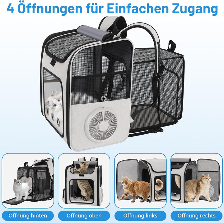 Katzenrucksack mit Kühlventilator und Heizkissen für alle Jahreszeiten, erweiterbare Haustiertrageta