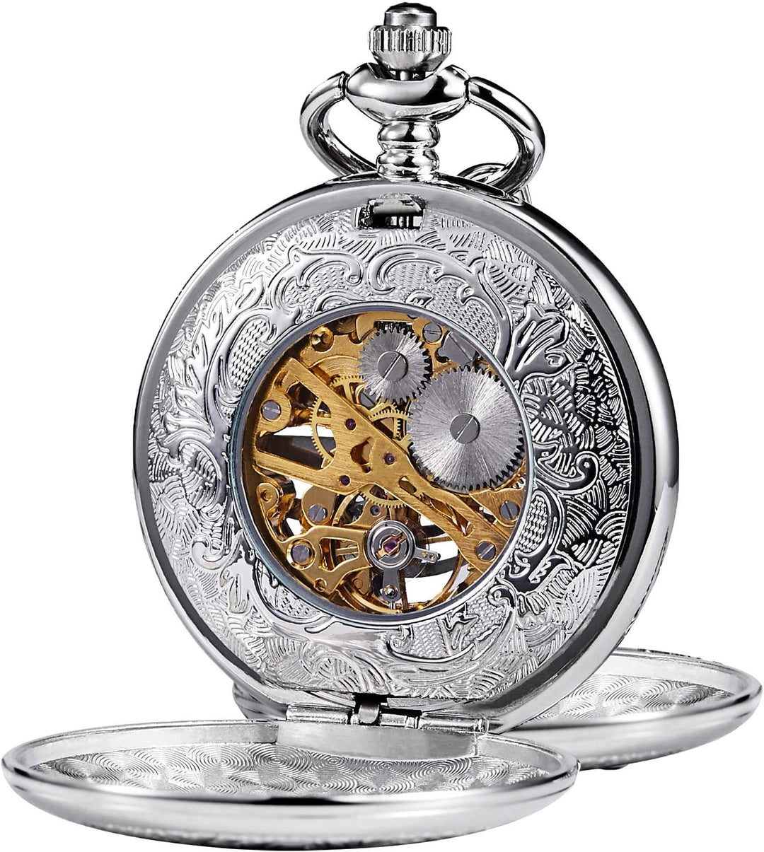 TREEWETO Herren Antik Bronze/Silber Drache Mechanische Skelett Taschenuhr für Damen mit Kette 4. Sil
