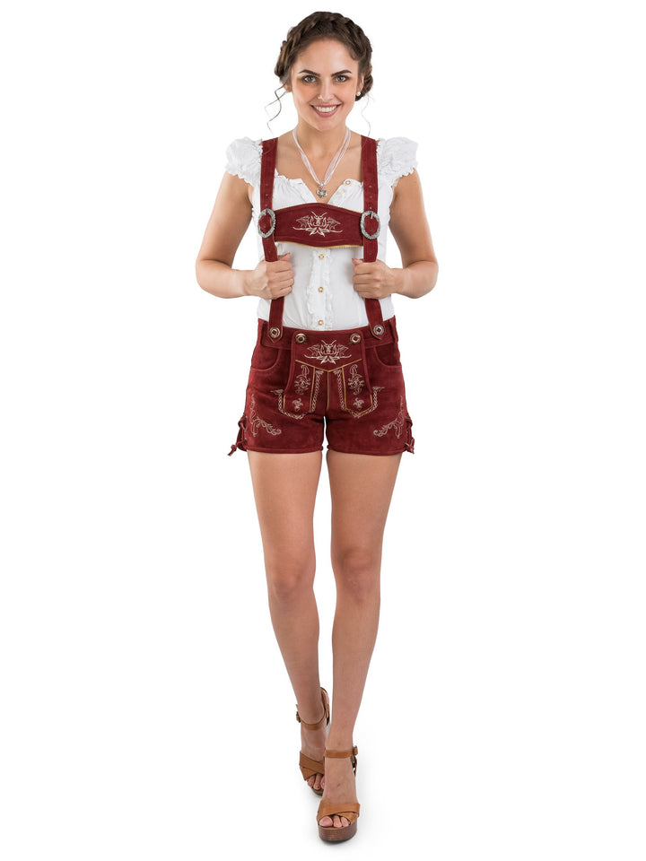 Damen Lederhose kurz - Trachtenlederhose Bergrose - Trachtenhose Hotpants mit Hosenträger 38 Rot, 38