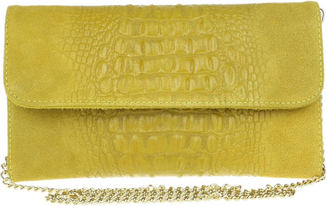 Girly Handbags Schlichte Clutch aus italienischem Wildleder mit Krokodilmuster, Gelb