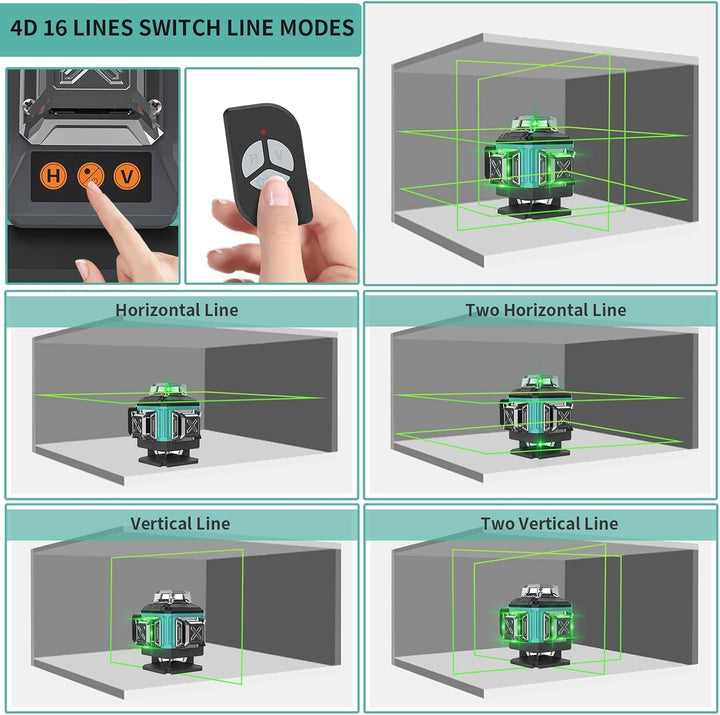 Kreuzlinienlaser Grün 4x360°, Laser Wasserwaage 16 Linien, Baulaser Kreuzlaser Linienlaser Selbstniv