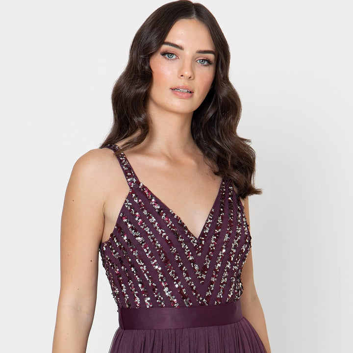 Maya Deluxe Damen Maxi Abendkleid Elegant für Hochzeit mit V-Ausschnitt Tüllkleid Schleife Brautjung