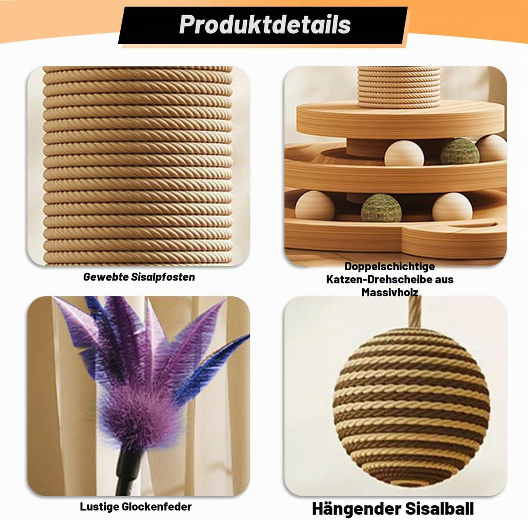 Kongming 4 in 1 Katzenspielzeug hölzernes, Katze Sisal Seil Kratzbaum mit hängenden Ball, Interaktiv