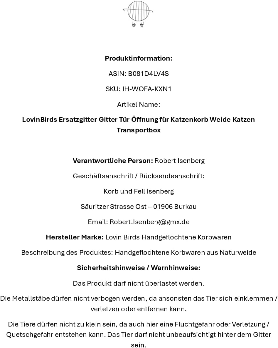 LovinBirds Ersatzgitter Gitter Tür Öffnung für Katzenkorb Weide Katzen Transportbox