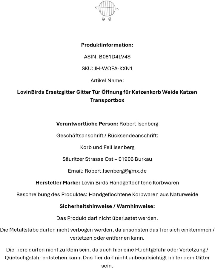 LovinBirds Ersatzgitter Gitter Tür Öffnung für Katzenkorb Weide Katzen Transportbox