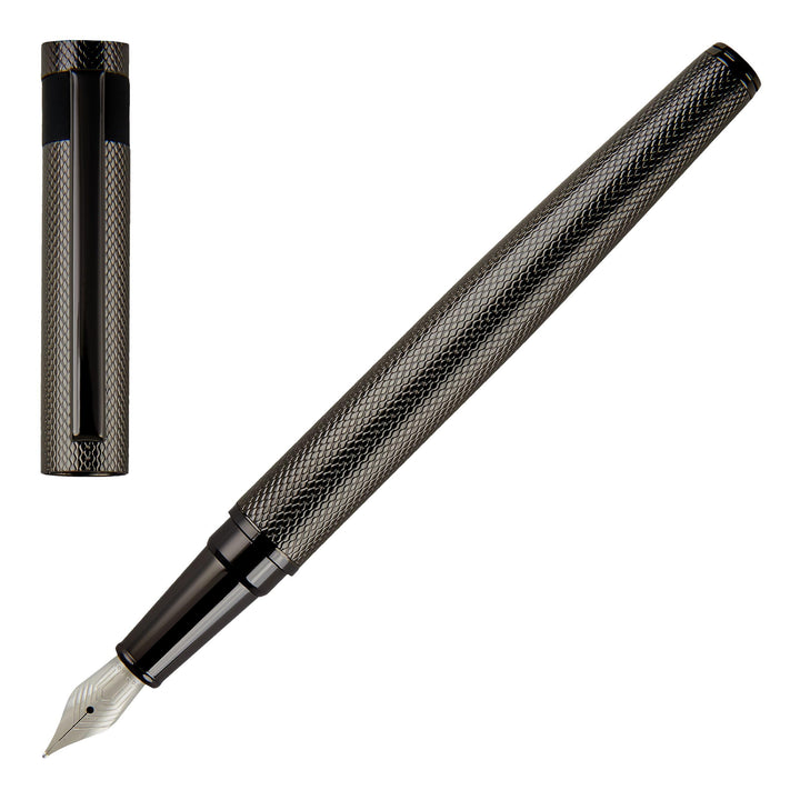 Hugo Boss Loop Diamond Füllfederhalter aus Messing in der Farbe Gun, Länge: 14,7cm, Federstärke: M,