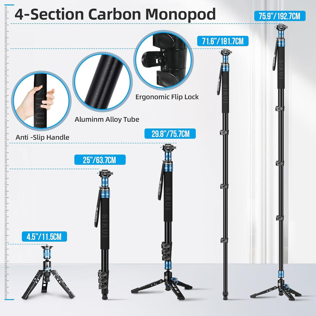 SIRUI 192 cm Einbeinstativ AM-404FL mit Füssen, Professionelles Aluminium Monopod, Kompaktes Reise-E