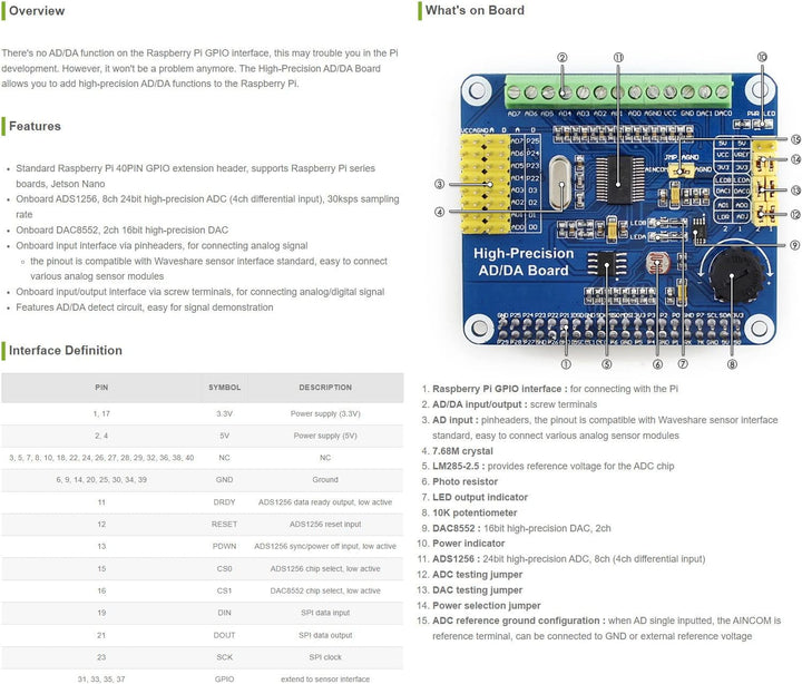 Waveshare Raspberry Pi AD/DA Expansion Sheild Board for Adding High-Precision AD/DA Functions to Ras