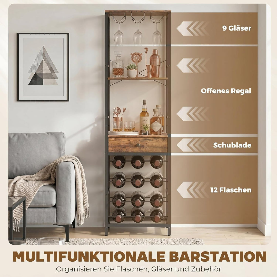 HOMCOM Weinregal Flaschenregal für 12 Weinflaschen, mit Glashalter und Schublade, Standregal, Weinha