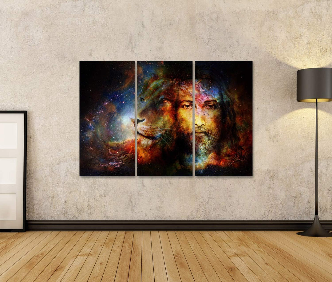 islandburner Bild auf Leinwand Gemälde Von Jesus Mit Einem Löwen Im Kosmischen Raum Blickkontakt Und