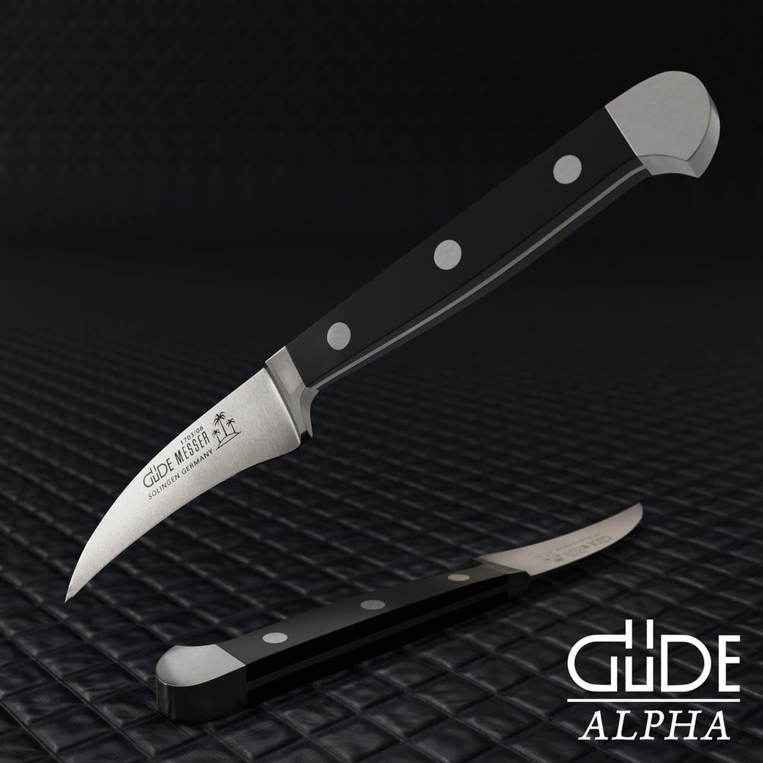 GÜDE Solingen - Schälmesser geschmiedet, 6 cm, POM schwarz, ALPHA, Tourniermesser, Doppelkropf, Hand