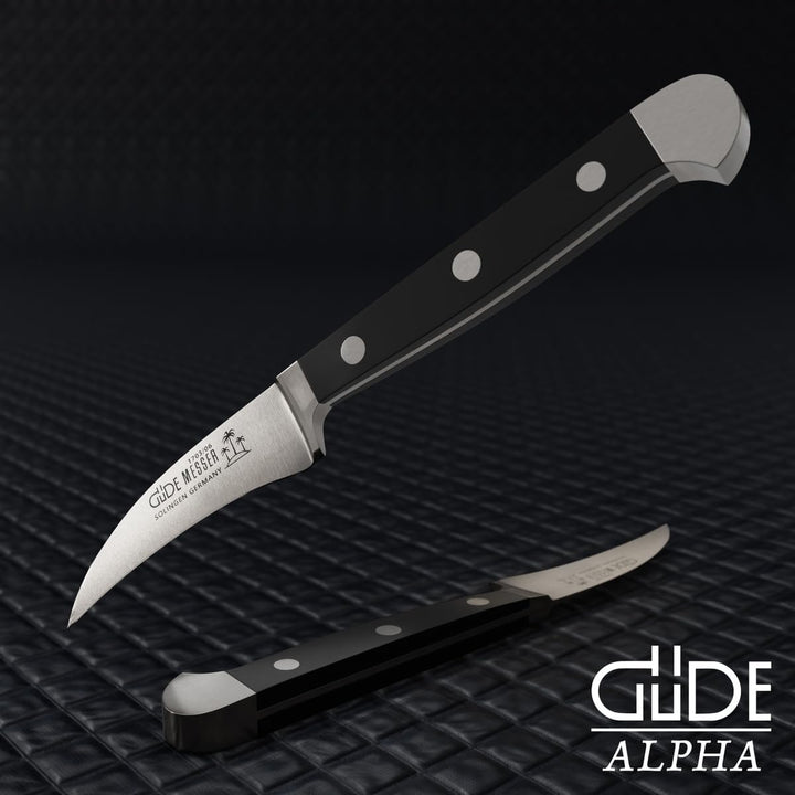 GÜDE Solingen - Schälmesser geschmiedet, 6 cm, POM schwarz, ALPHA, Tourniermesser, Doppelkropf, Hand