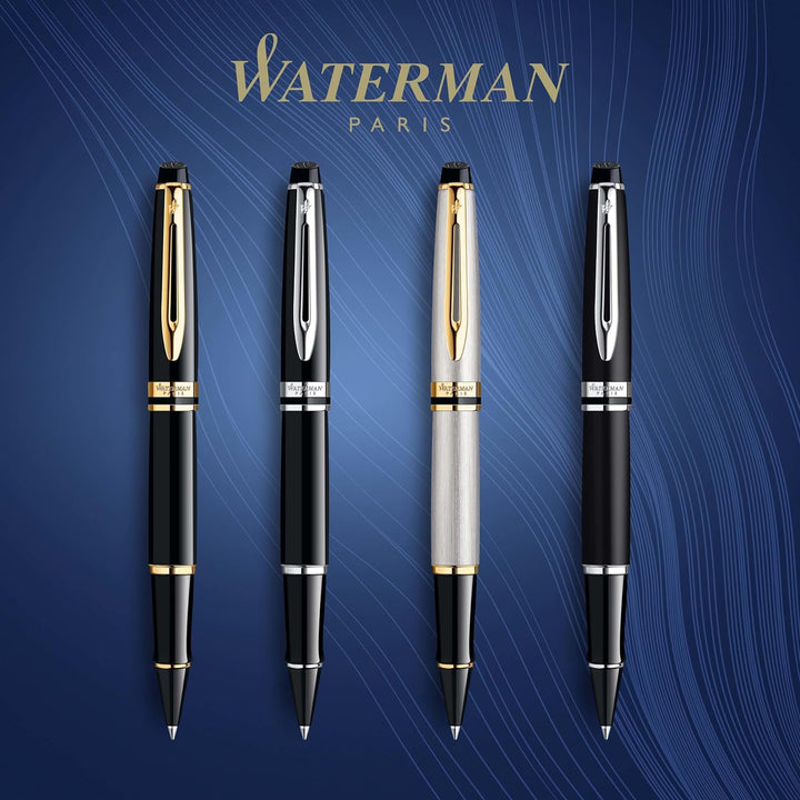 Waterman Expert Tintenroller | Hochglänzend Schwarz mit Chromzierteile| feine Spitze | Schwarz | Ges