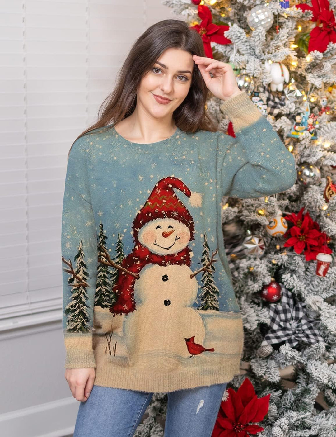 Janein Damen Pullover Oversize Lang Strickpullover Herbst Winter Rundhals Sweater mit Blumenmuster W