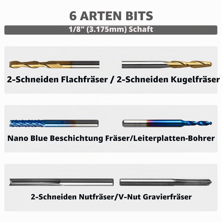 Genmitsu 50 Stück Hartmetall CNC Fräser-Satz, 1/8 Zoll Schaft 2-Flute Schaftfräser, Kugelfräser &amp; Sp