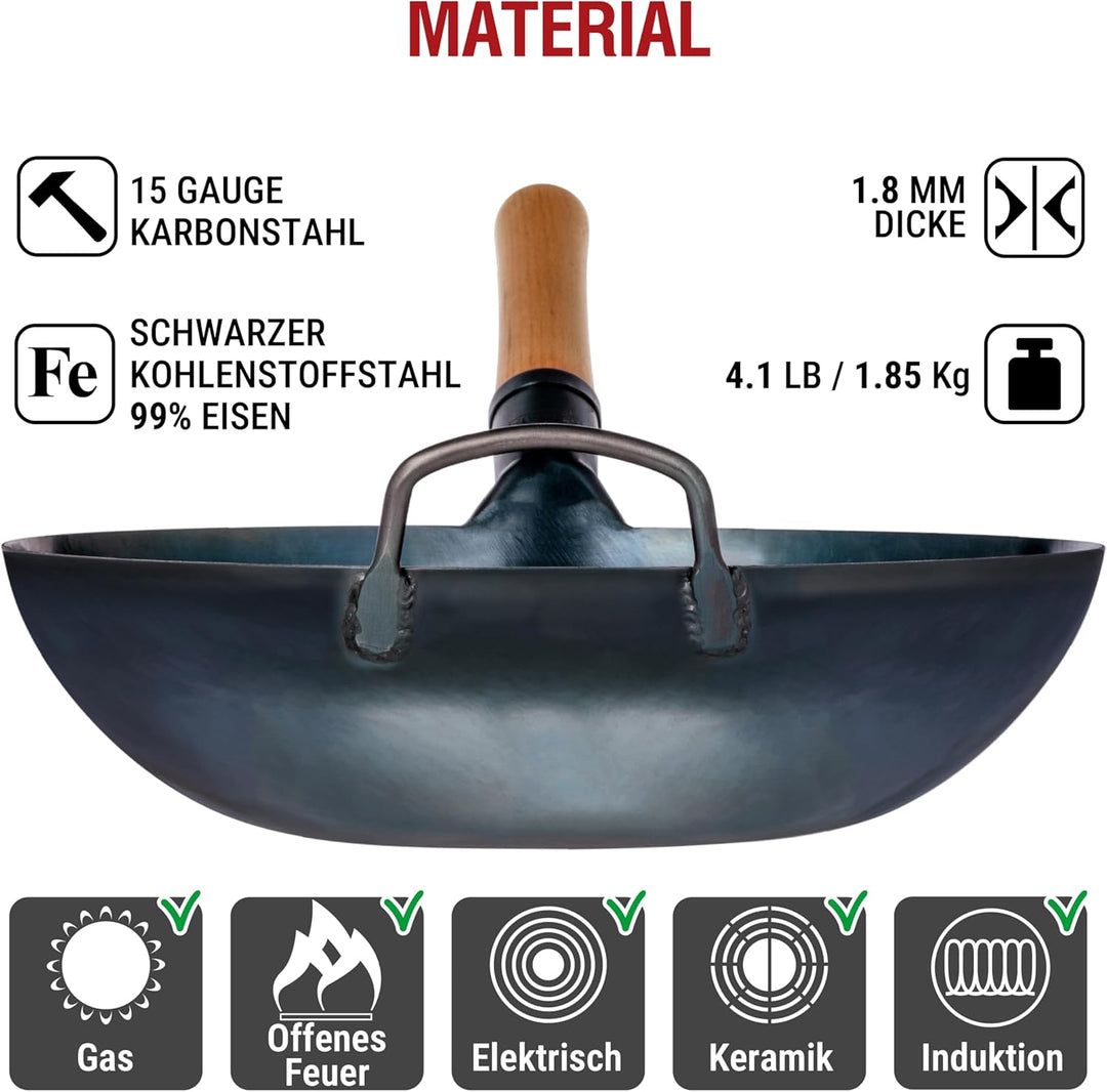 YOSUKATA Karbonstahl Woks &amp; Wokpfannen (34 cm) - Voreingebrannter Wok Pfanne Karbonstahl Flacher Bod
