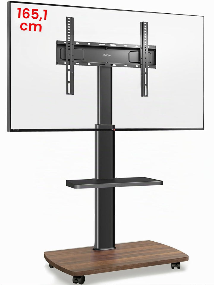 AOKCOS TV Ständer Rollbar mit Holzablage Regal, Fernsehständer auf Rollen für 32-65 Zoll Fernseher,