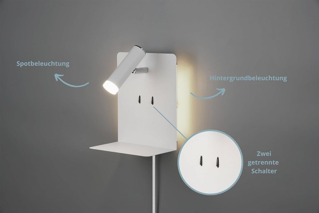 lightling LED Wandleuchte Nachttischlampe Kian mit Lese Spot und Ablage für Handy (inkl. USB Anschlu