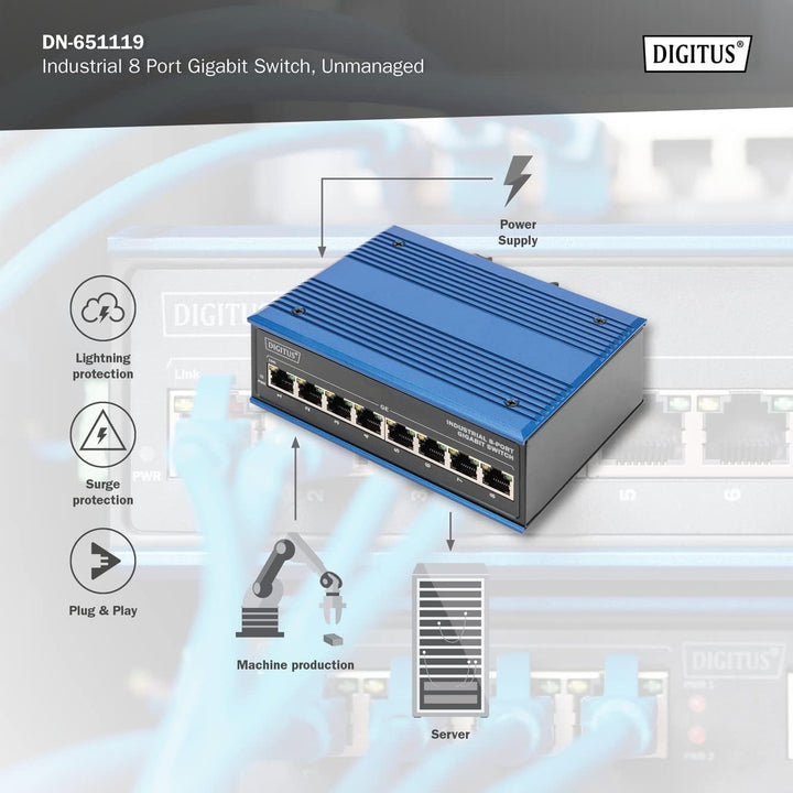 DIGITUS Netzwerk-Switch - 8-Port Gigabit Ethernet - DIN-Rail Montage - Klemmleiste - Lüfterlos - Sch