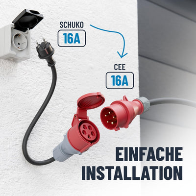 ABSINA Adapter Schuko Stecker auf CEE Kupplung - Schuko auf CEE 16A 5-polig mit 60 cm Kabellänge & I