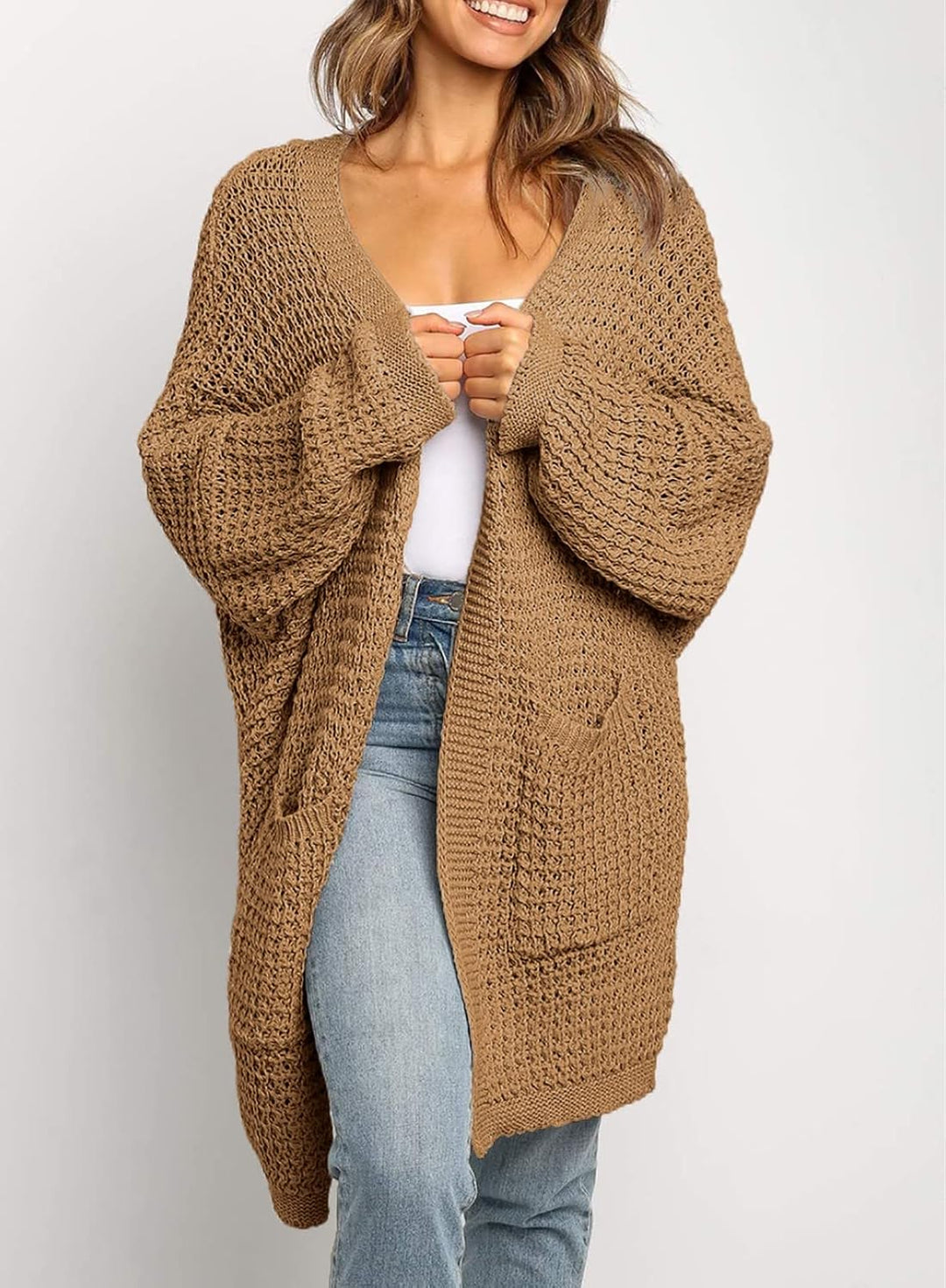 Damen Lang Strickjacke Oversize Langarm Sweater Cardigan Casual Strickmantel Herbst Outerwear mit Ta