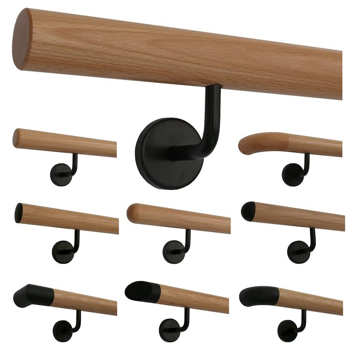 TIBU Buche Holz Handlauf Geländer 30-500cm im Set schwarze Halter Wandhandlauf Wand Treppe, Länge 16