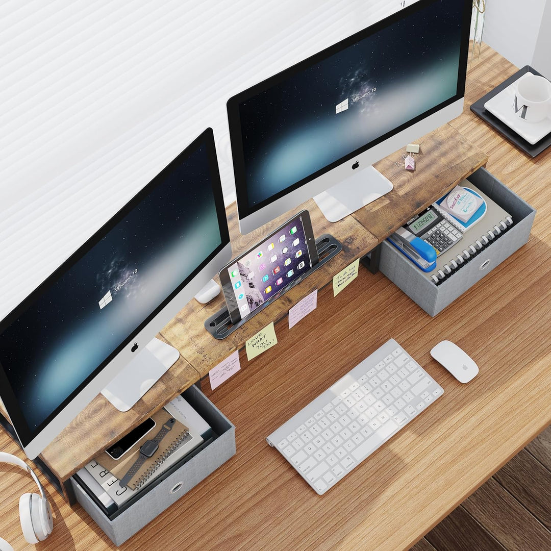 Dual Monitor Stand Riser mit 2 Schubladen - 100CM grosse Lagerung Computer Monitorständer für 2 Moni