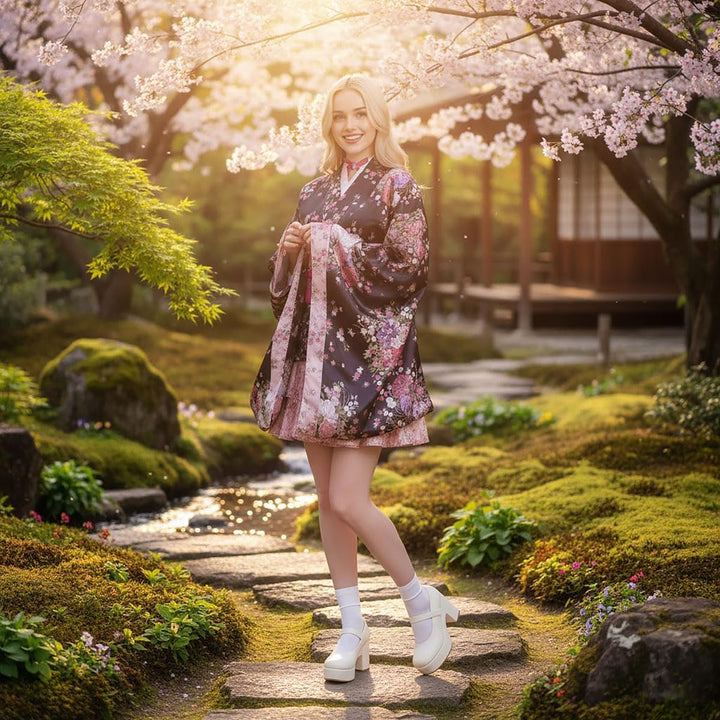 CoolChange Lolita Kimono Cosplay Kostüm mit Rüschenrock und Kimono mit weiten Ärmeln (M), M