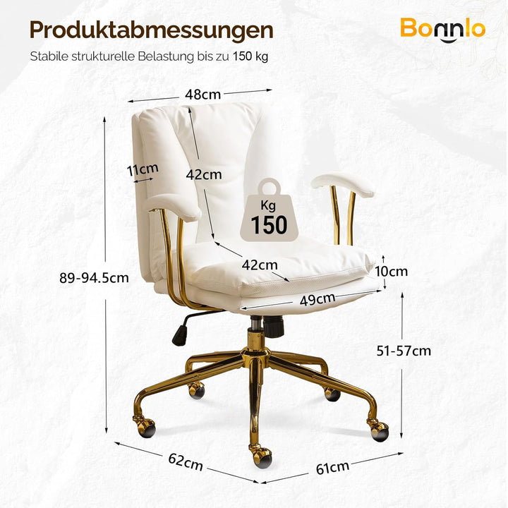Bonnlo Bürostuhl Ergonomisch, Schreibtischstuhl mit Goldenen Armlehnen, Chefsessel, Drehstuhl mit Ro