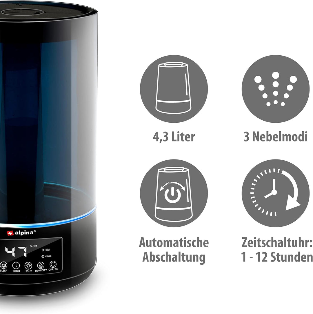Alpina Luftbefeuchter - 4.3L - Ultrasonic Nebel - mit Timer - Aromatherapien - Nachtlicht - Fernbedi