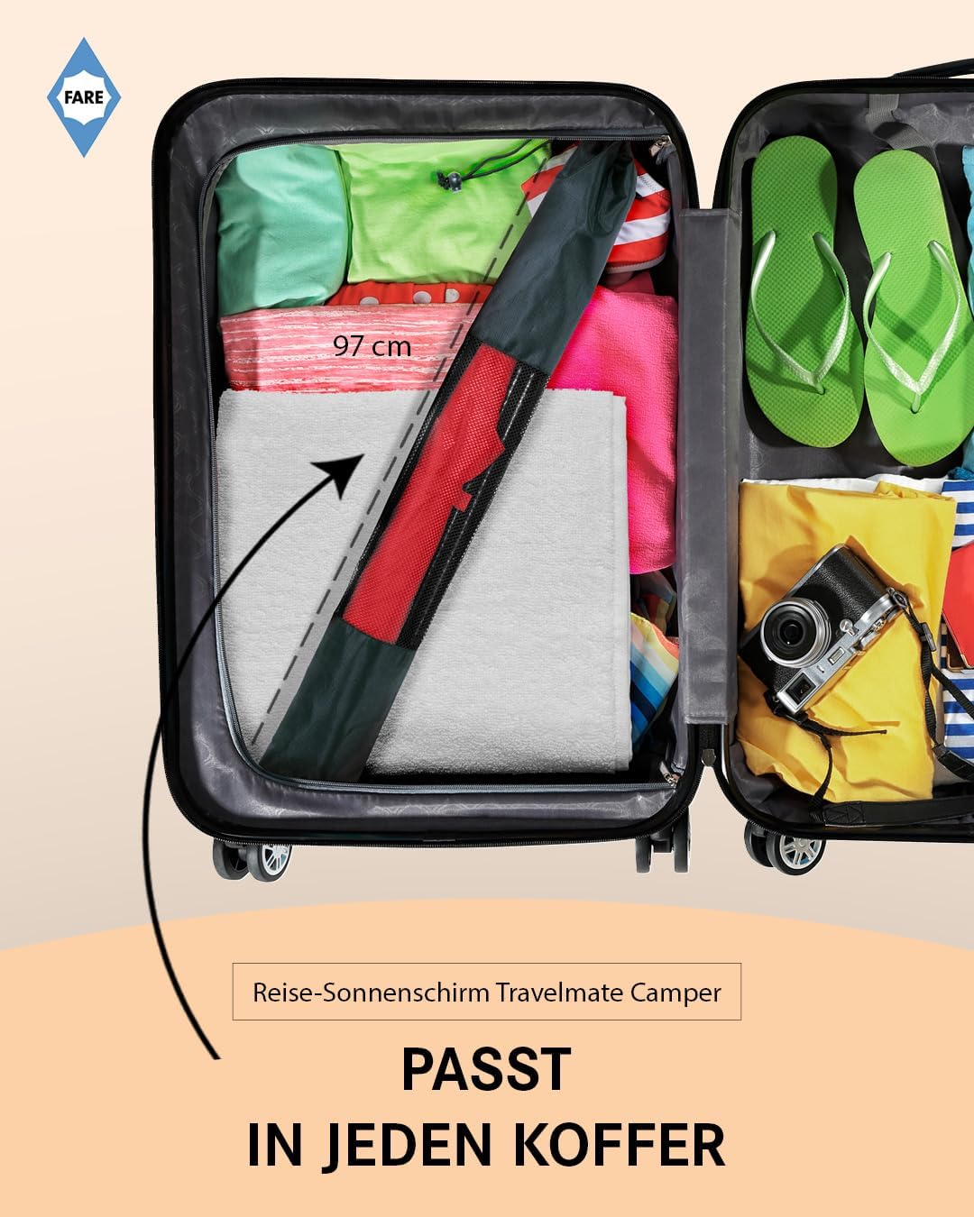 FARE Reise-Sonnenschirm Travelmate Camper UV Schutz 50+ für Koffer Flugzeug Camping Balkon Strand Ga