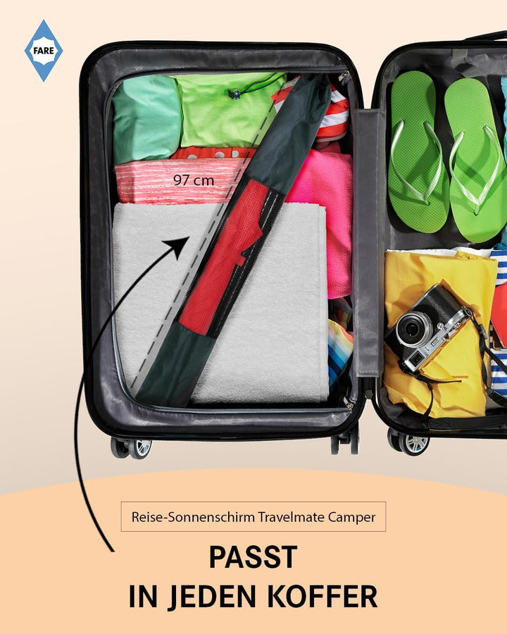 FARE Reise-Sonnenschirm Travelmate Camper UV Schutz 50+ für Koffer Flugzeug Camping Balkon Strand Ga