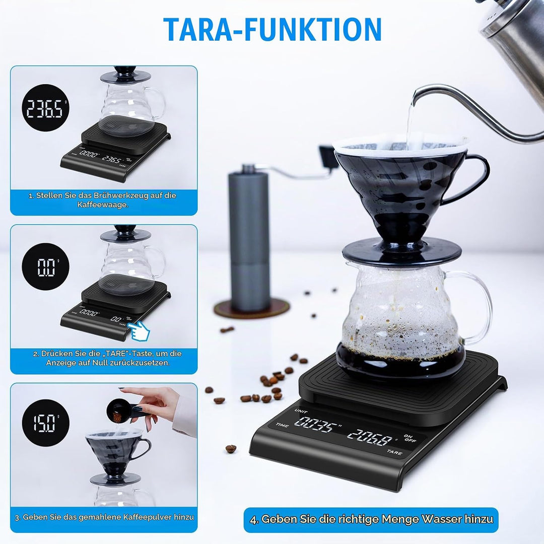 Brifit Kaffeewaage mit Timer, Espresso Waage 3kg/0.1g, Hochpräzise Feinwaage, USB Wiederaufladbare K