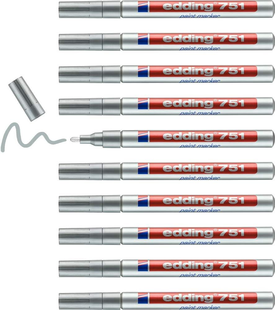 edding 751 Lackmarker - silber - 10 Lackmarker - Rundspitze 1-2 mm - Lackstift für Glas, Stein, Holz