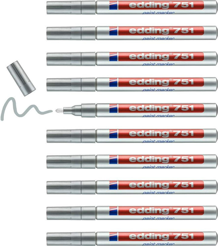 edding 751 Lackmarker - silber - 10 Lackmarker - Rundspitze 1-2 mm - Lackstift für Glas, Stein, Holz