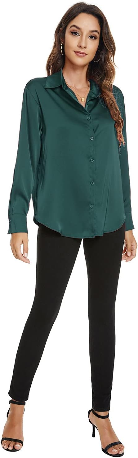 Atnlewhi Damen Bluse Langarm Knöpfen Satin Seide Hemden Basic Kent Kragen Arbeit Büro Formelle Casua
