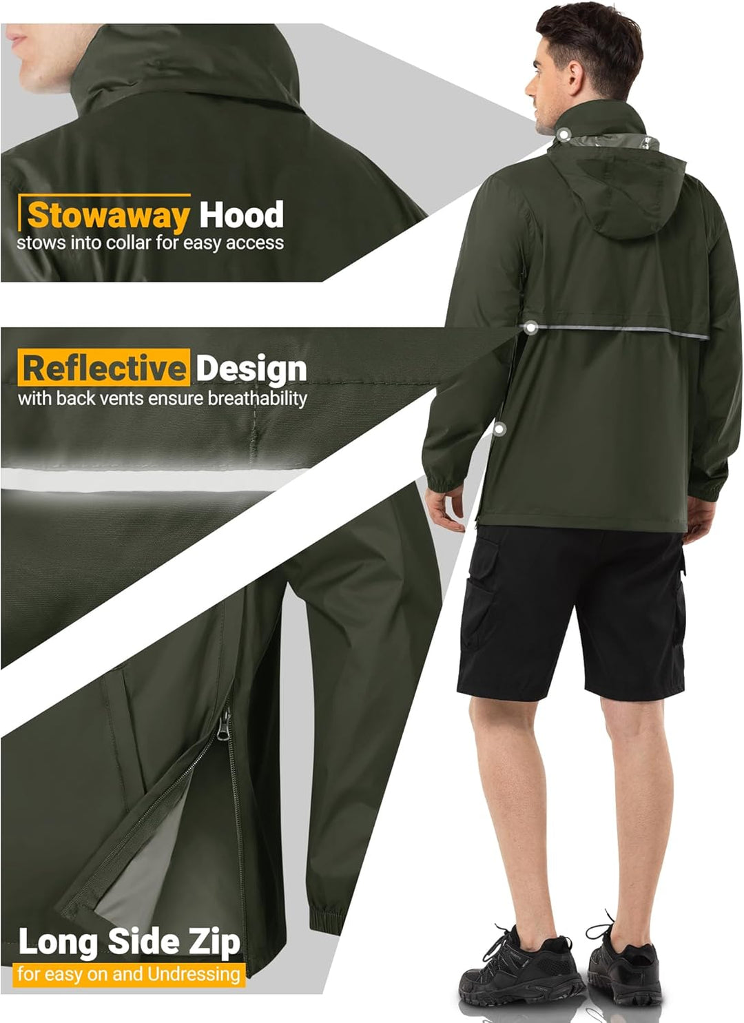 Herren Regenjacke Wasserdichter Pullover mit Kapuze Packbare Reflektierende Jacke Leichte Fahrrad Wi