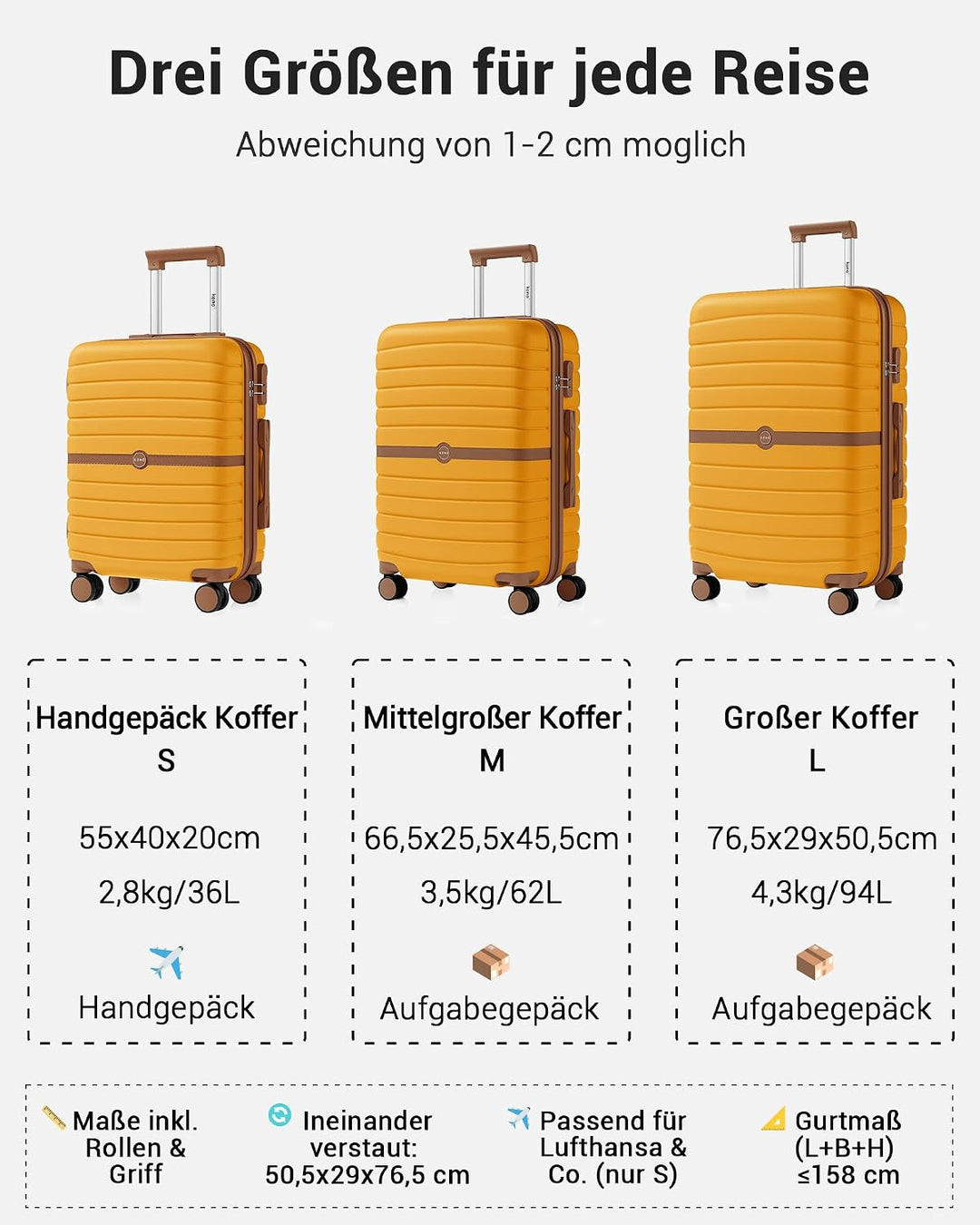 KONO Koffer Reisekoffer Trolley Handgepäck Koffer 55x40x20cm von ABS+PC Hartschalenkoffer mit Zwilli