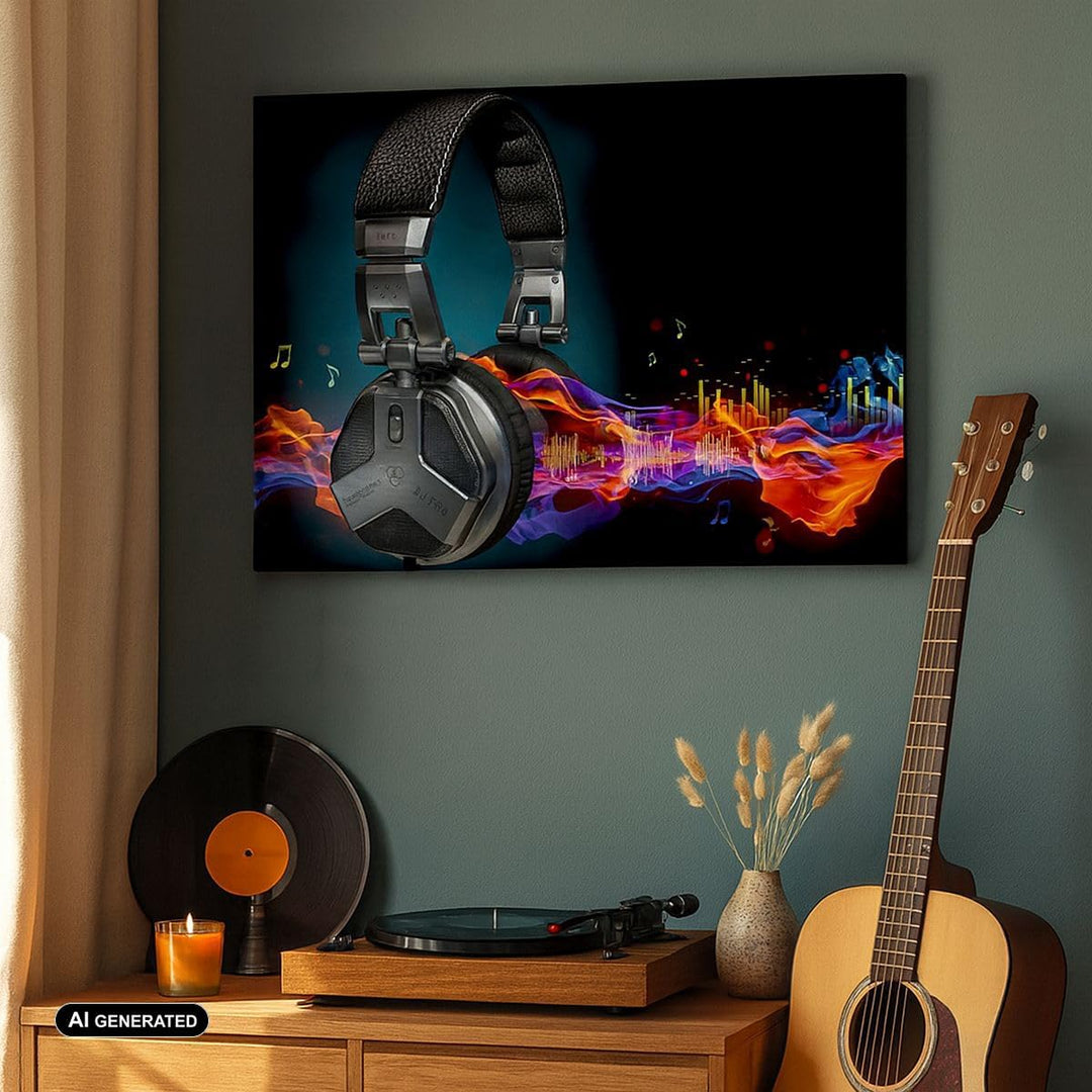 ARTTOR Bilder auf Leinwand 100x70cm Leinwandbild Feuer Audio Kopfhörer Gross Wanddeko Bild Schlafzim