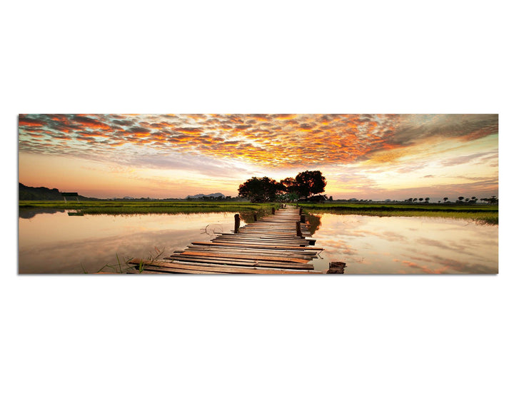 Paul Sinus Art Panoramabild auf Leinwand und Keilrahmen 150x50cm Tropen Fluss Steg Sonnenuntergang W