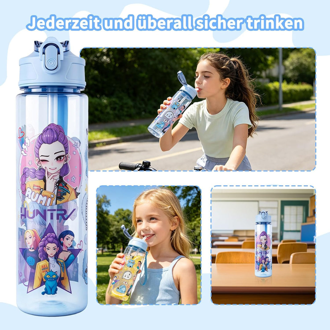 Trinkflasche 700 ml, mit Strohhalm – auslaufsicher & BPA-frei – doppelseitiges Cartoon Motiv, bruchf