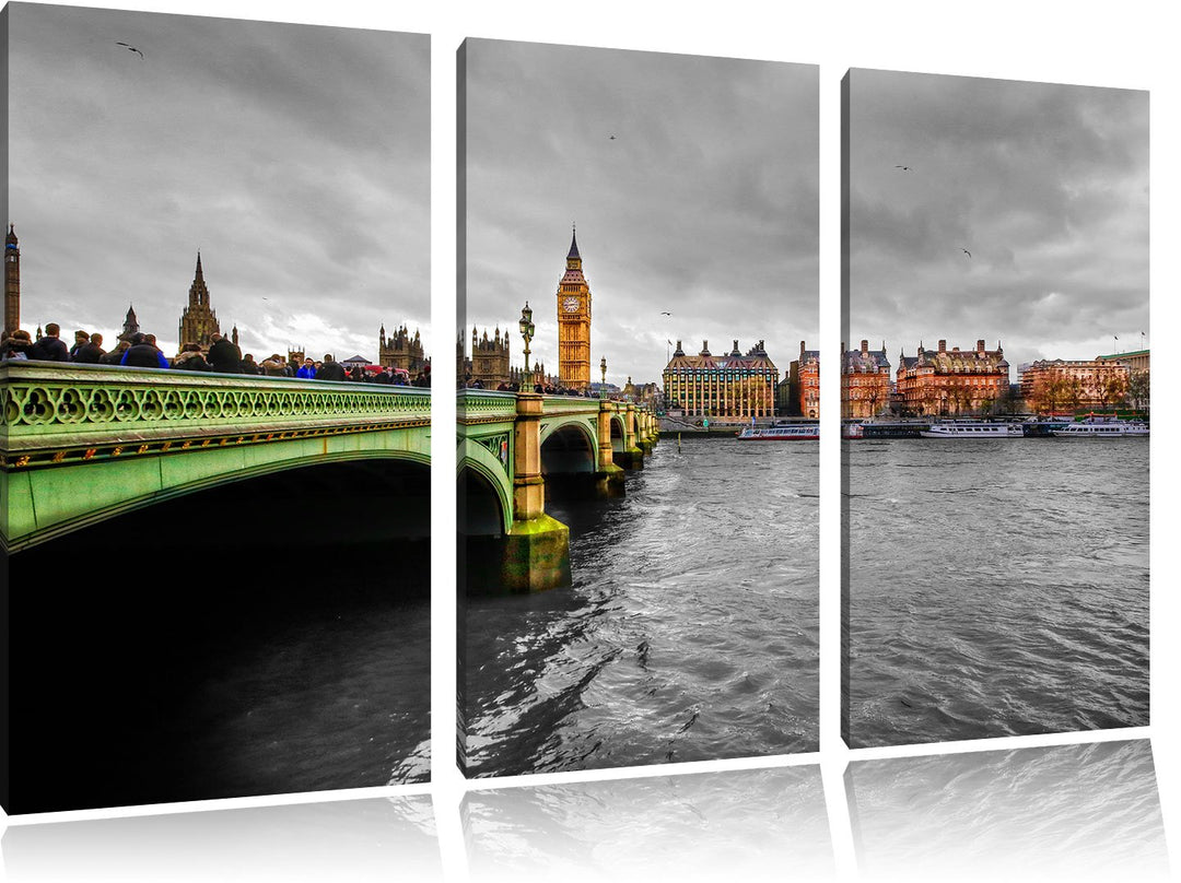 Pixxprint Skyline von London mit Themse und Big Ben schwarz/weiss 3-Teiler Leinwandbild 120x80 Bild